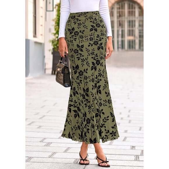 High Waisted Floral Mesh Maxi Skirt - Elegant Mermaid with Lettuce Trim, M Size - Picture 2 of 8